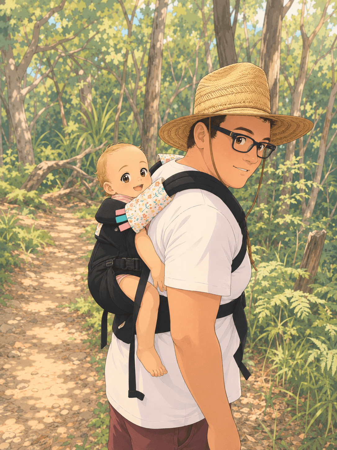 A parent and child walking together through the Australian bush
