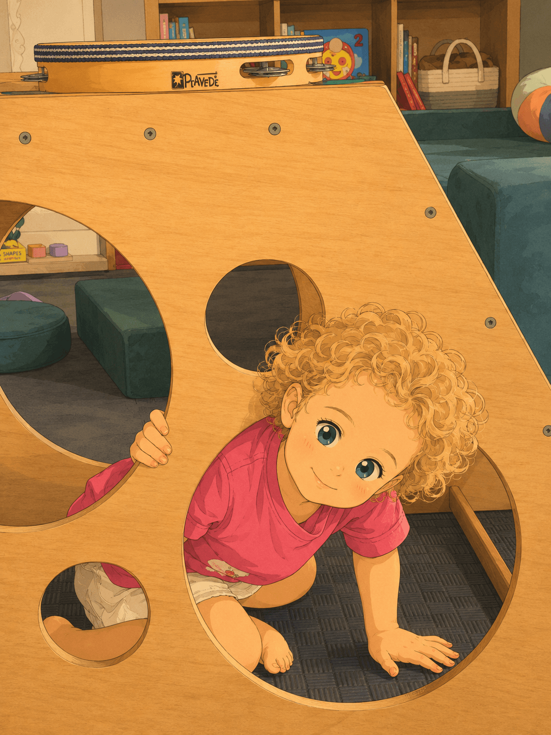 A playful child peeking curiously into a family playroom