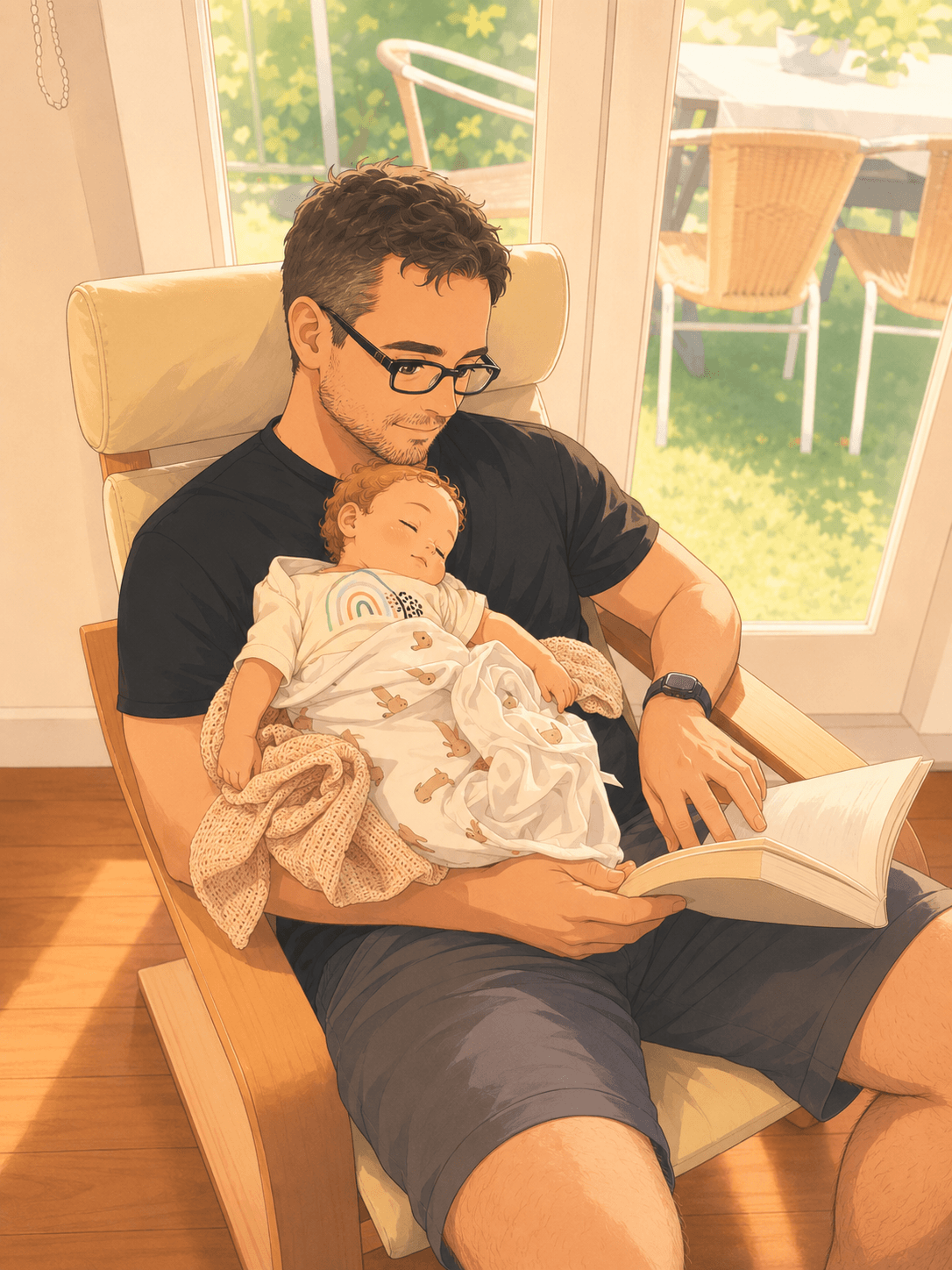 A father and young child sharing an early morning story together