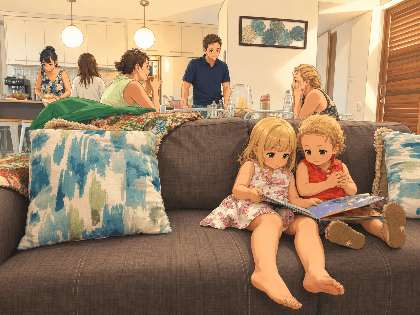 A family enjoying storytime together in a sunlit kitchen