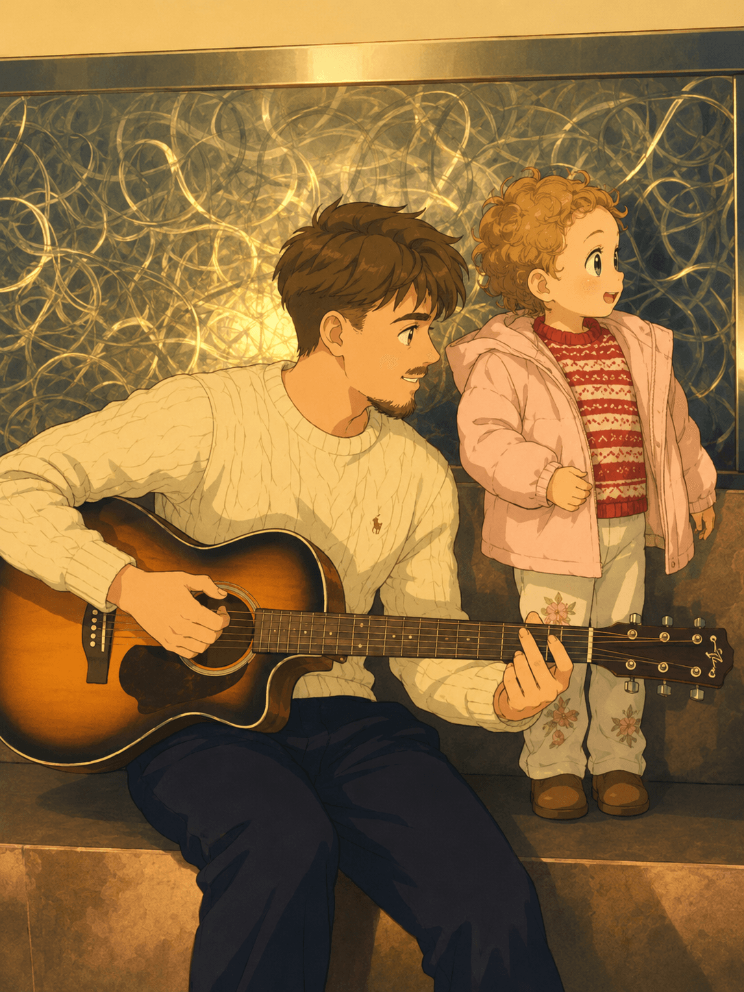 A parent playing guitar for a child on a cosy bench