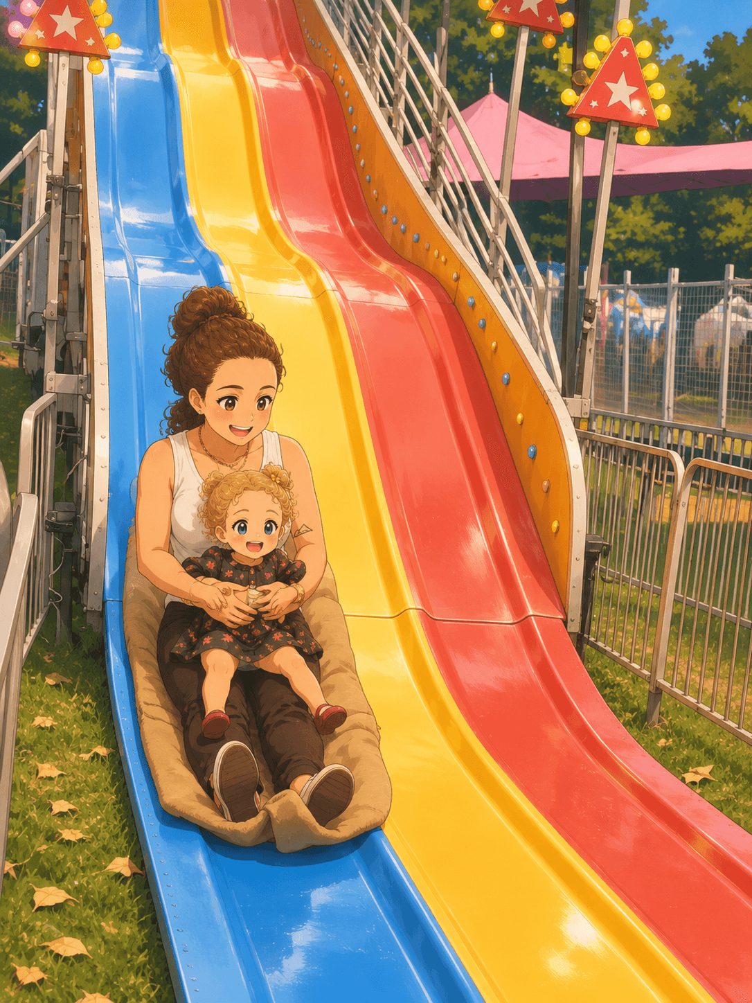 A joyful family moment on a colourful carnival slide