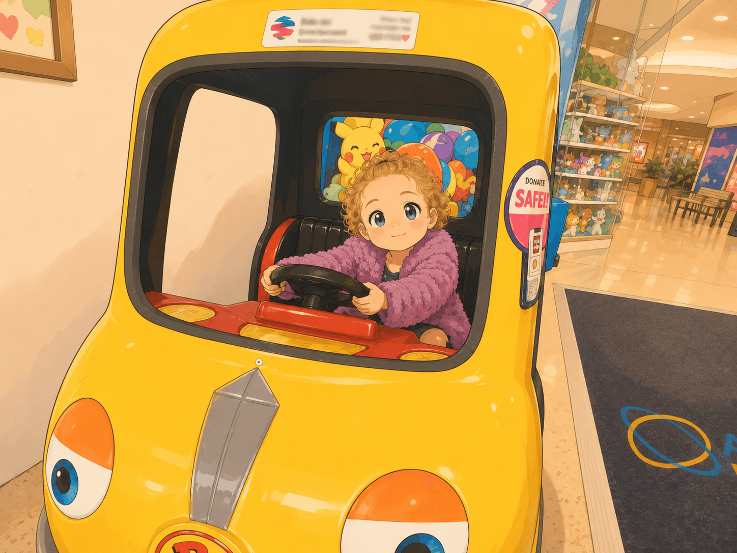 A determined young child enjoying a playful ride in a shopping centre