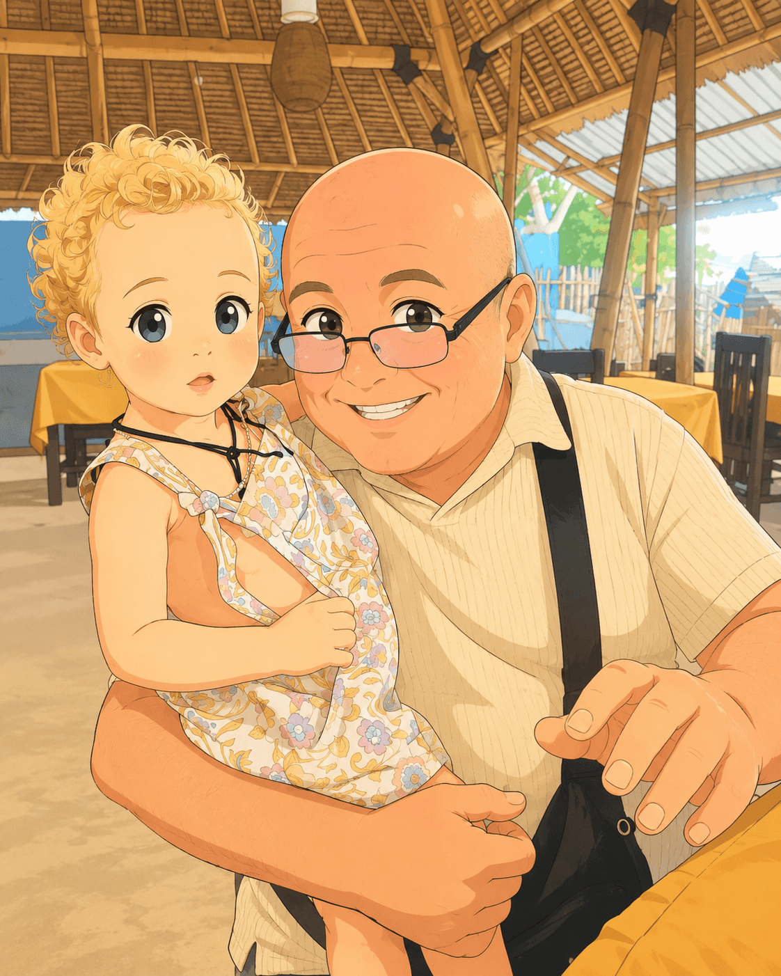 A child sharing a warm family moment with her grandfather