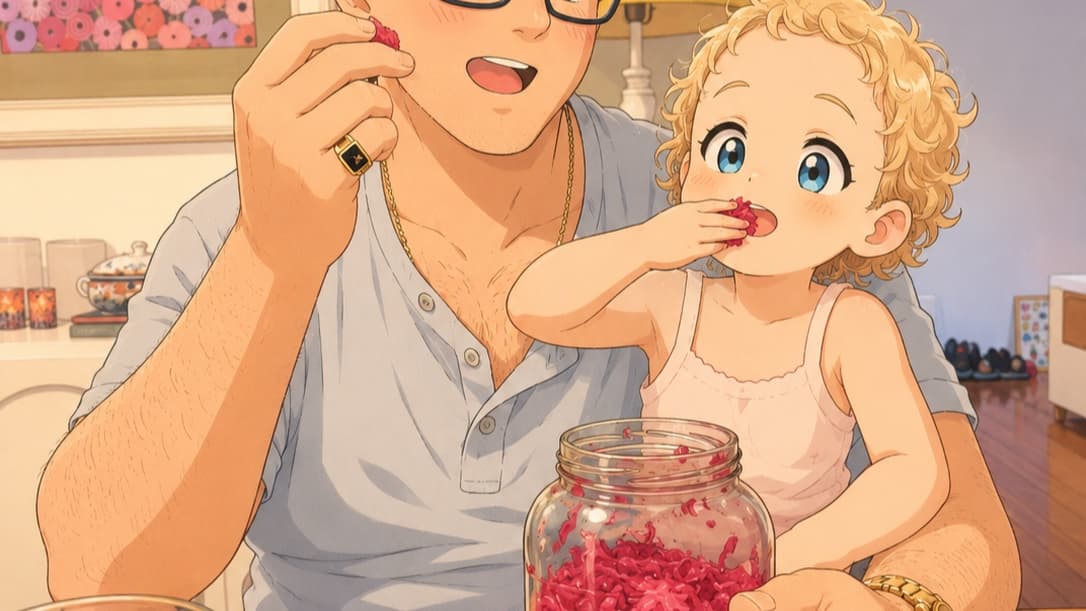An adult and young child sharing a playful snack together