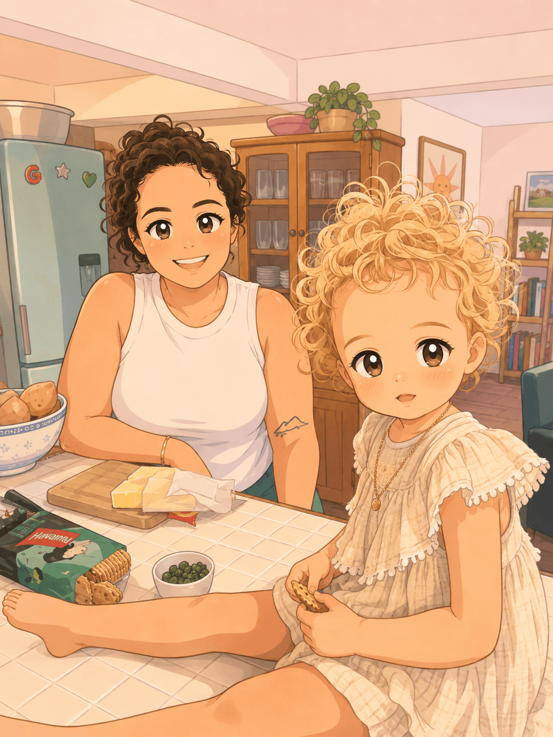 A relaxed family snack time at home