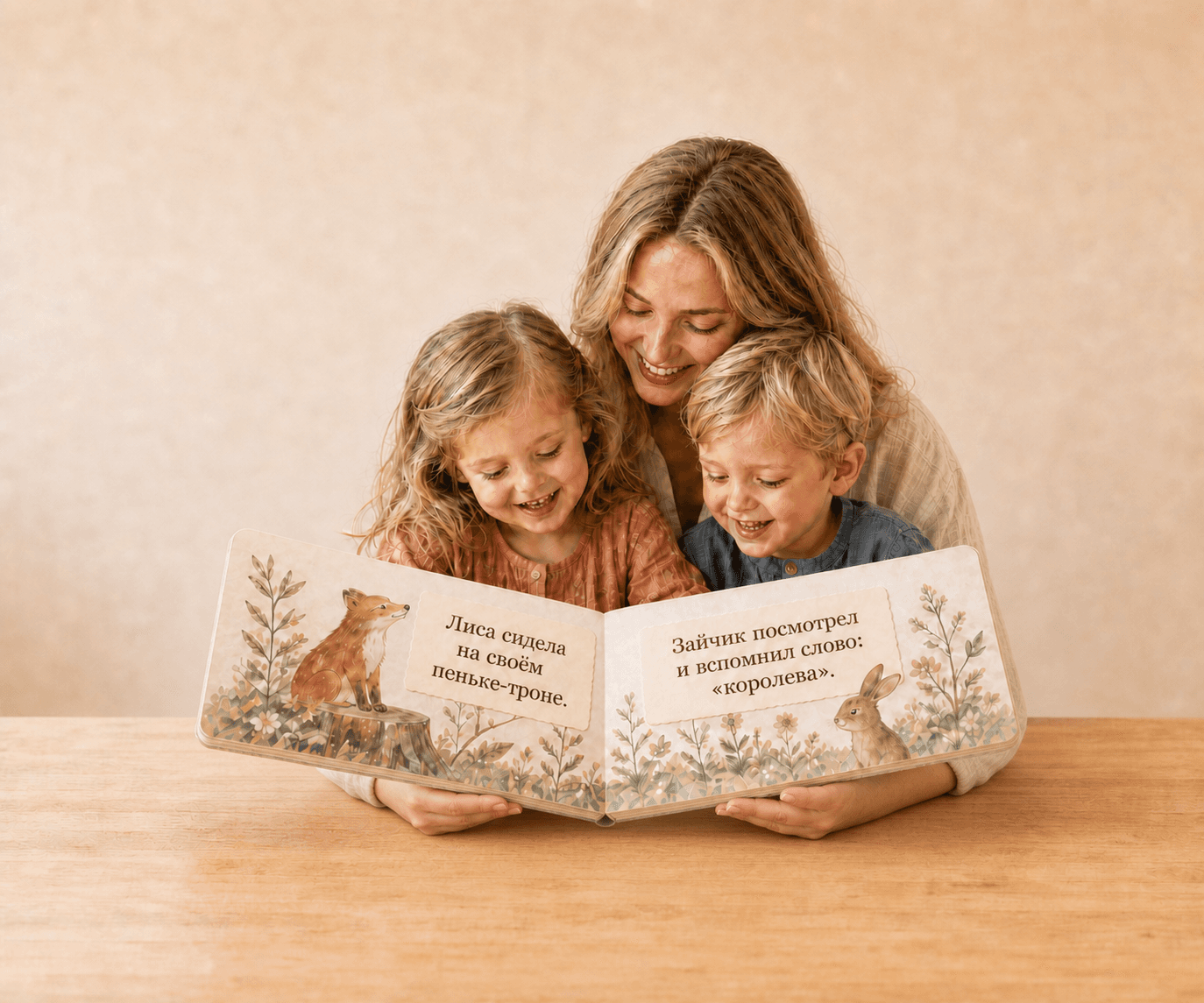 A parent and two children sharing an illustrated book with translated labels